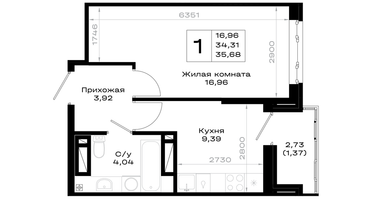1-к. квартира, 35 м²