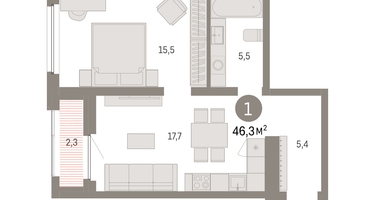 1-к. квартира, 46 м²