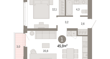 1-к. квартира, 45 м²
