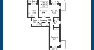 3-к. квартира, 88&nbsp;м²