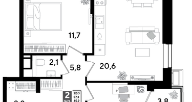 2-к. квартира, 64&nbsp;м²