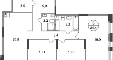 3-к. квартира, 84&nbsp;м²