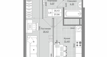 1-к. квартира, 37&nbsp;м²