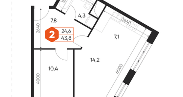 2-к. квартира, 43&nbsp;м²