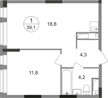 1-к. квартира, 39&nbsp;м²
