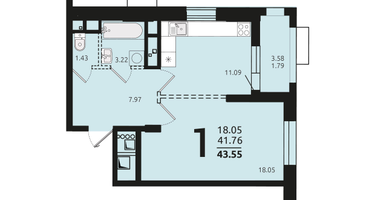 1-к. квартира, 43&nbsp;м²