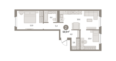2-к. квартира, 59 м²
