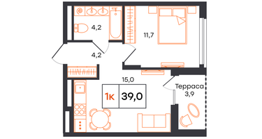 1-к. квартира, 39 м²
