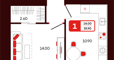 1-к. квартира, 39&nbsp;м²