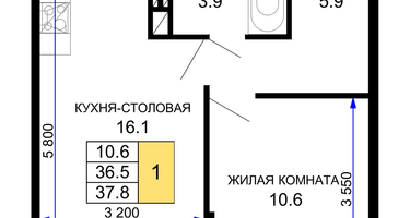 1-к. квартира, 38&nbsp;м²
