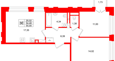 2-к. квартира, 54&nbsp;м²
