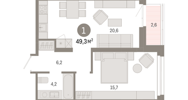 1-к. квартира, 49&nbsp;м²