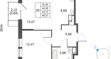 2-комнатная квартира, 44&nbsp;м²