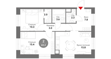 2-к. квартира, 60 м²
