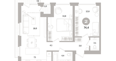 2-к. квартира, 74 м²