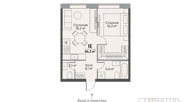 1-к. квартира, 46 м²