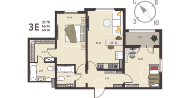 2-к. квартира, 69 м²