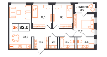 3-к. квартира, 82&nbsp;м²