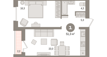 1-к. квартира, 51&nbsp;м²