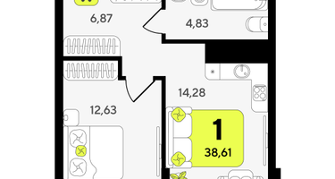 1-к. квартира, 38&nbsp;м²