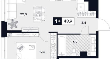 1-к. квартира, 43 м²