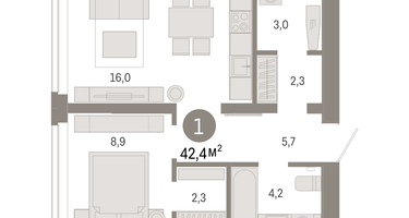 1-к. квартира, 42&nbsp;м²