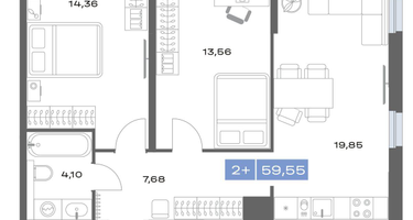 2-к. квартира, 59&nbsp;м²