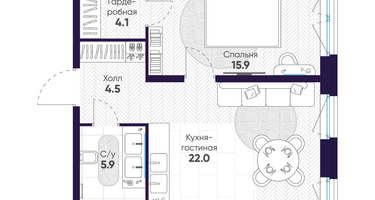1-к. квартира, 52 м²