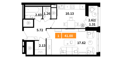 1-к. квартира, 41 м²