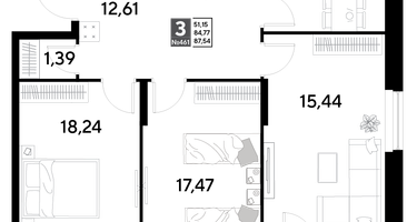 3-к. квартира, 87&nbsp;м²