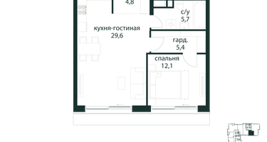 1-к. квартира, 57&nbsp;м²