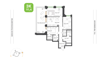 3-к. квартира, 91&nbsp;м²