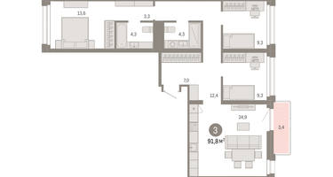 3-к. квартира, 91 м²