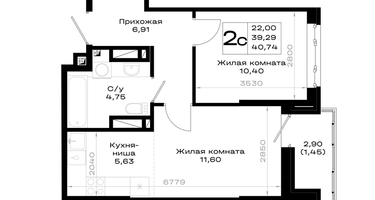 1-к. квартира, 40&nbsp;м²