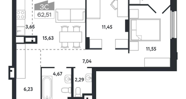 3-к. квартира, 62 м²