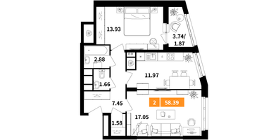 2-к. квартира, 58 м²