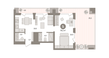 1-к. квартира, 77 м²