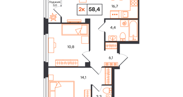 2-к. квартира, 58&nbsp;м²