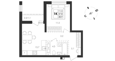 2-к. квартира, 39&nbsp;м²