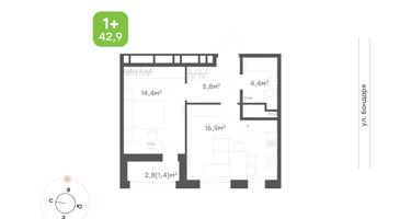 1-к. квартира, 42&nbsp;м²