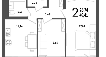2-к. квартира, 49&nbsp;м²