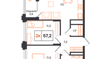 2-к. квартира, 57&nbsp;м²