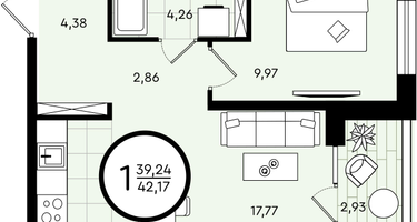 1-к. квартира, 42&nbsp;м²