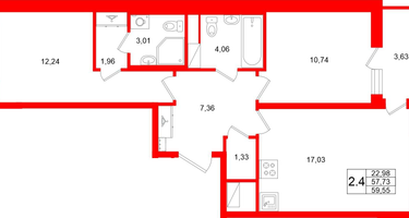 2-к. квартира, 57&nbsp;м²