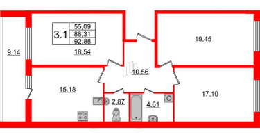 3-к. квартира, 86&nbsp;м²