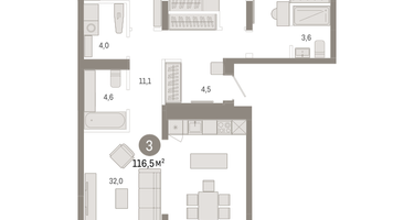 3-к. квартира, 116&nbsp;м²