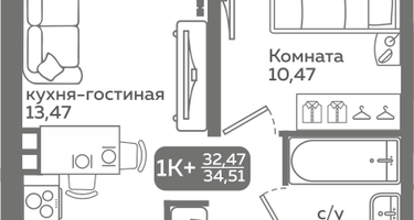1-к. квартира, 34&nbsp;м²