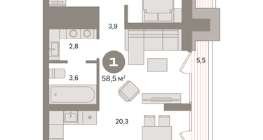 1-к. квартира, 59 м²