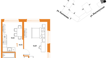 1-к. квартира, 44 м²