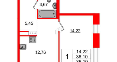1-к. квартира, 36&nbsp;м²